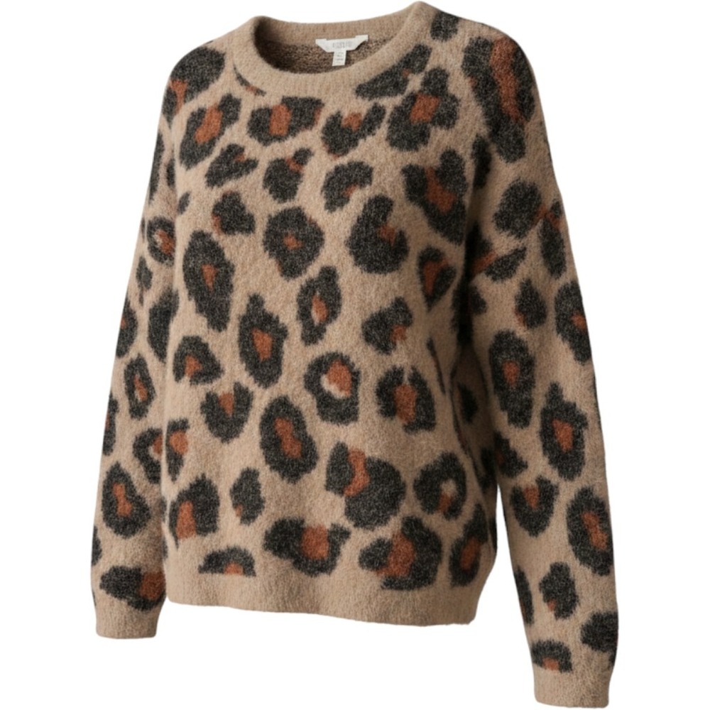 Time and Tru Leopard Print Eyelash Knit Sweater Tan Brown Black Crewneck L 12-14